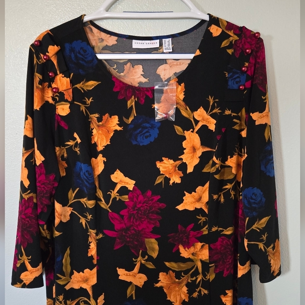Susan Graver | NWOT Black Floral Liquid Knit Dress Size 1X